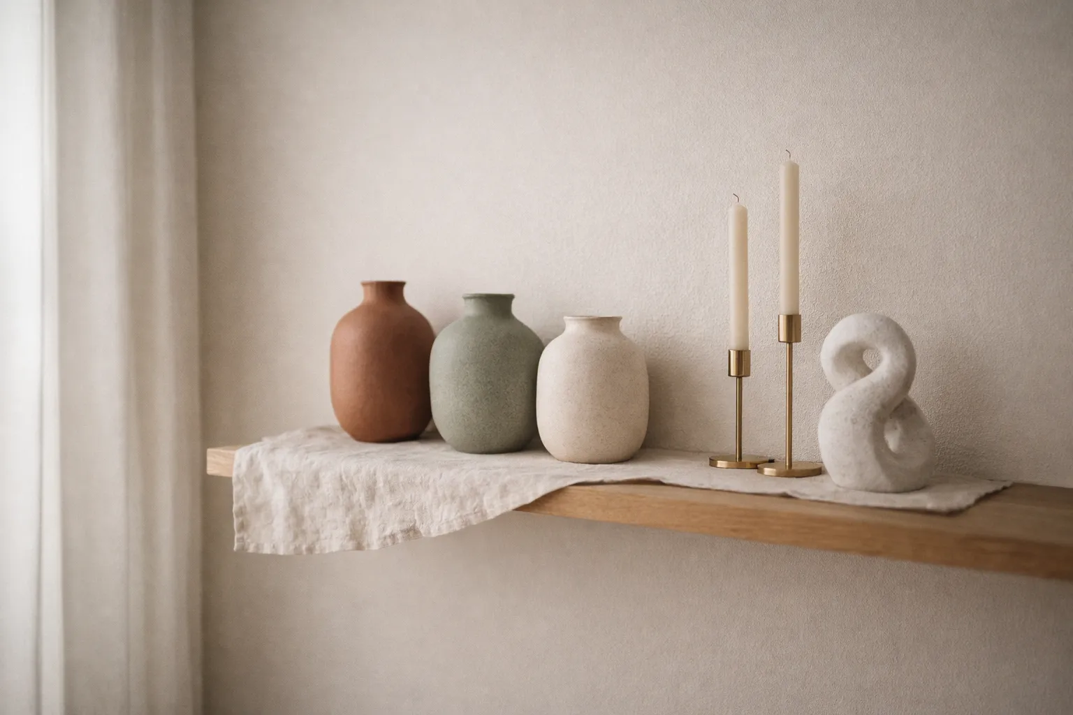 Objetos decorativos em cerâmica e madeira