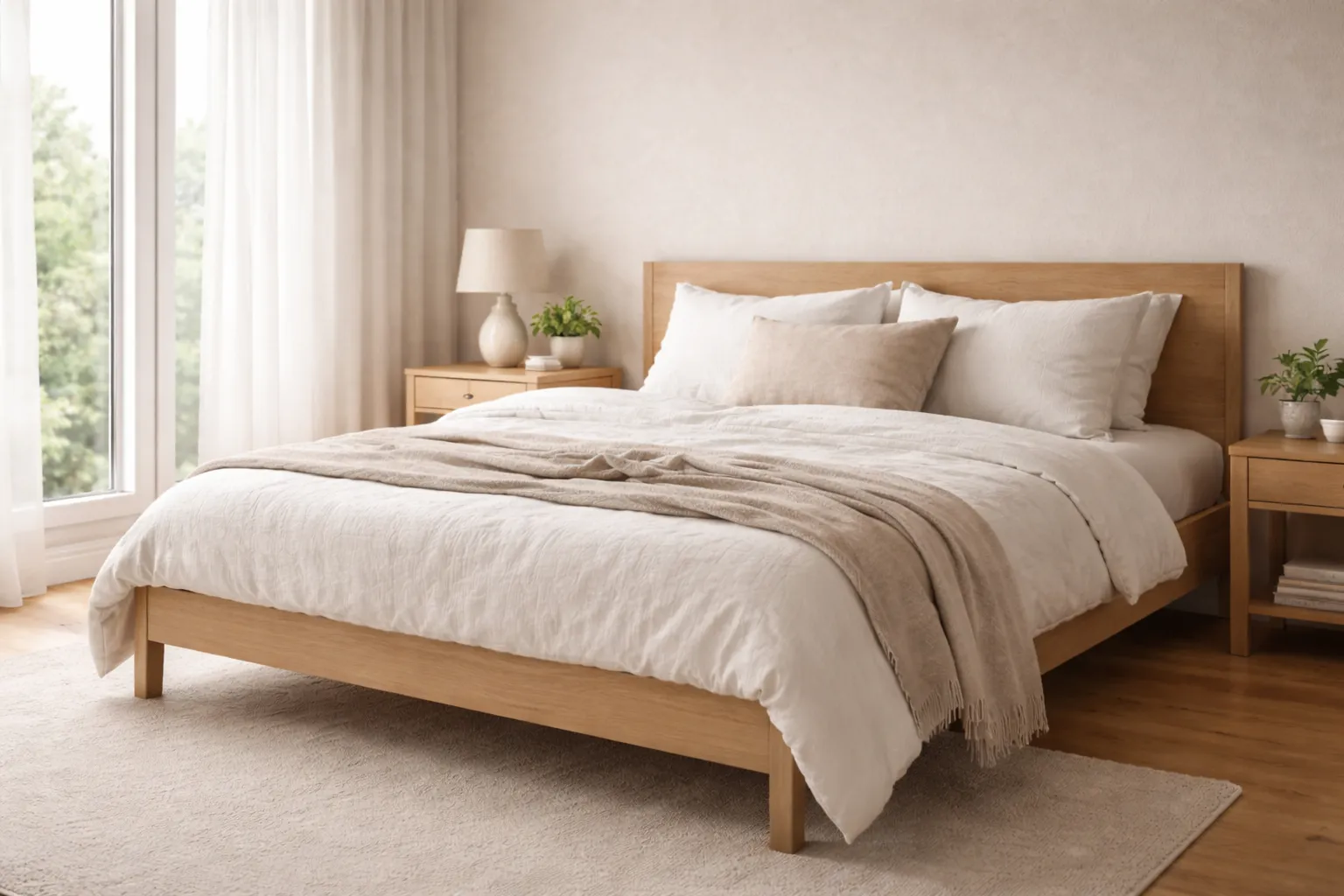 Quarto com decoração escandinava, cama de madeira clara e roupa de cama em tons neutros