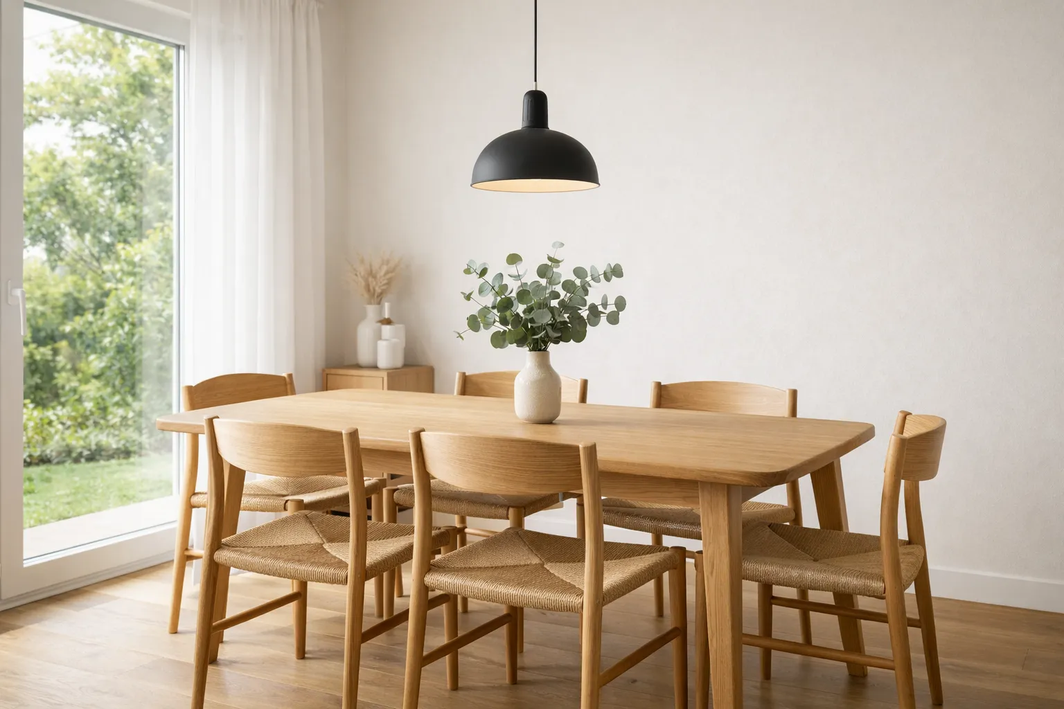 Sala de jantar minimalista com mesa de madeira e cadeiras de design