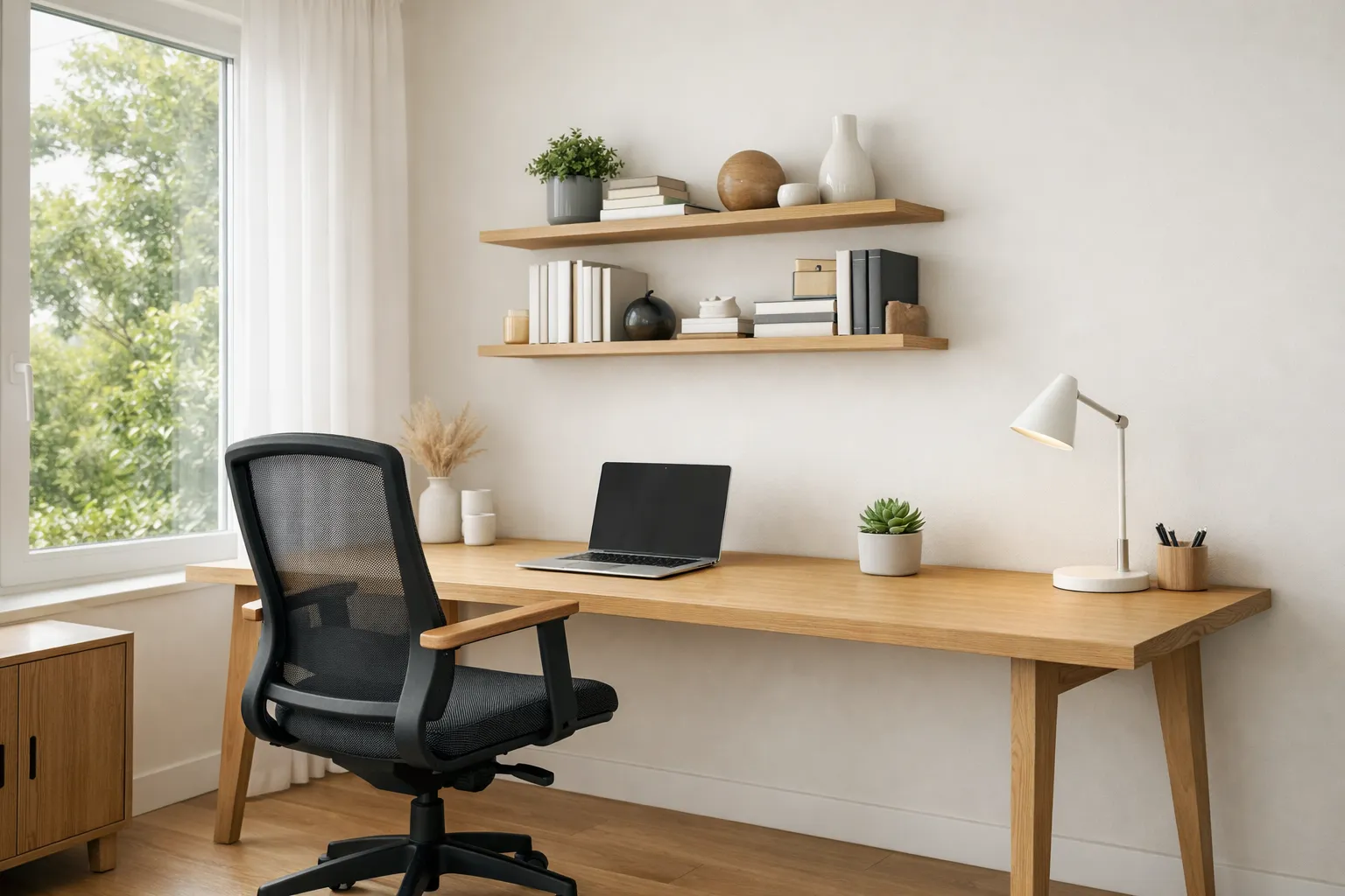 Escritório em casa com escrivaninha de madeira e decoração minimalista