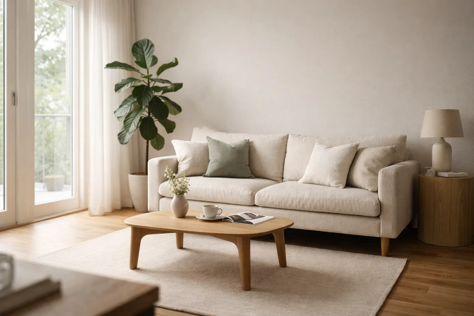 Sala de estar com design escandinavo, sofá bege, madeira clara e luz natural entrando pela janela